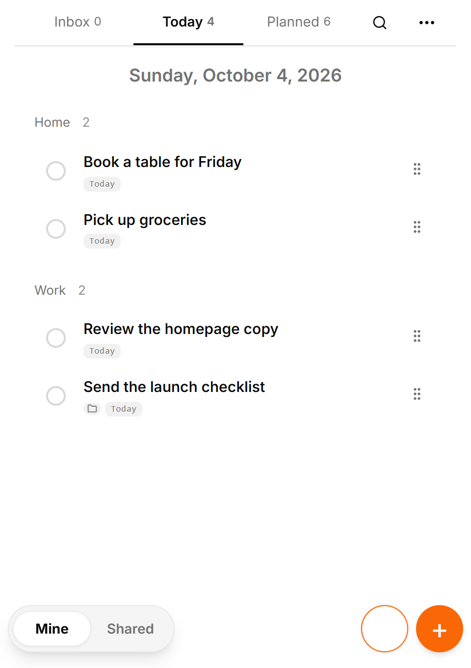 TasksNet Today view in English with compact navigation, personal tasks and an accepted project assignment.